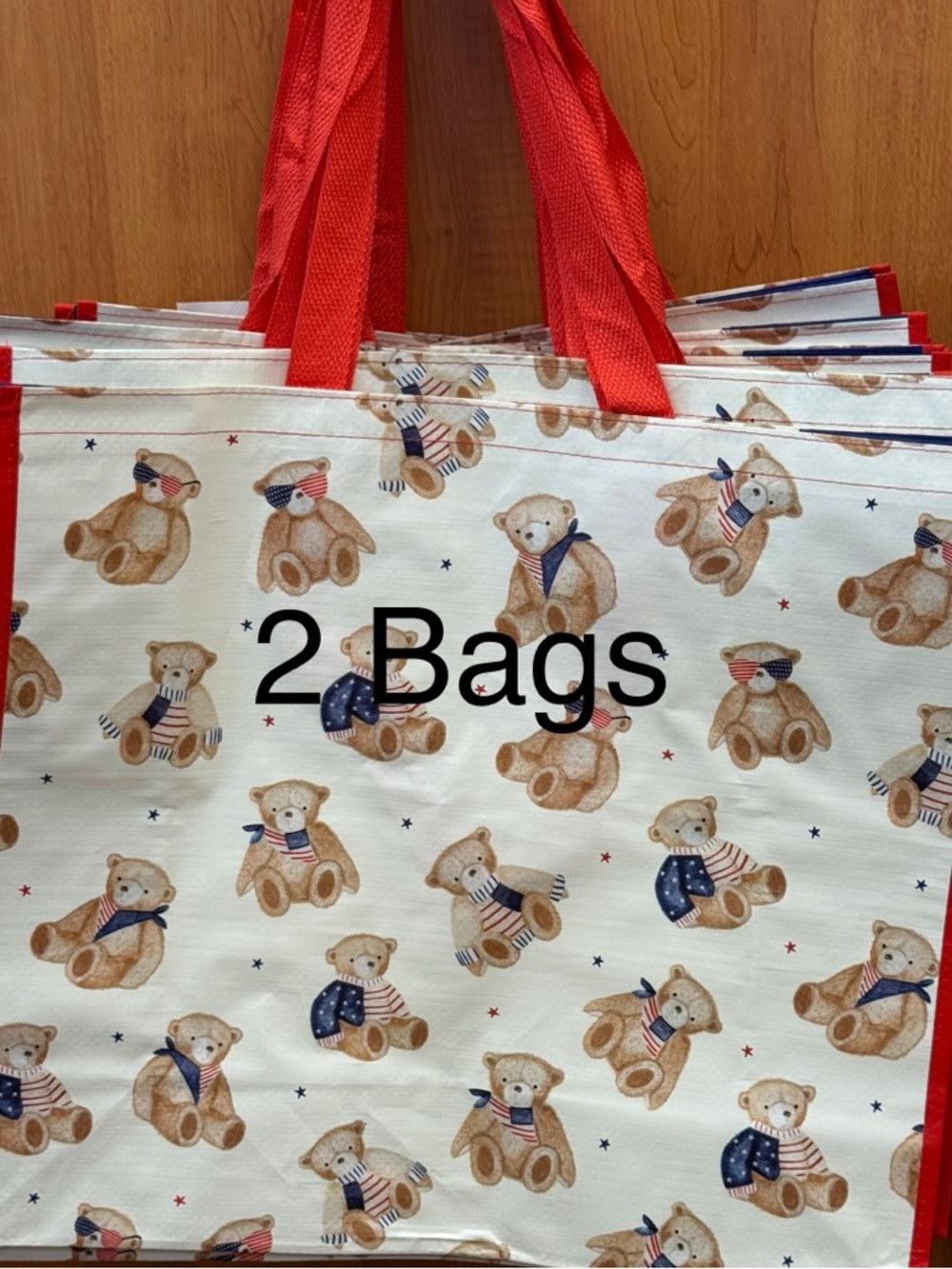 Set of 2 Teddy Bear Print Tote Bags - Red Handles